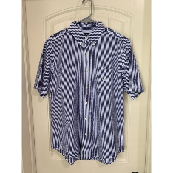 CHAPS SIZE Small Mens Short Sleeve Blue Stripe Button Down - Picture 1 of 2